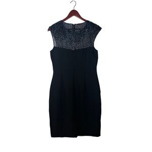 Vintage Pamella Roland Beaded Sheath Dress 10 Black Blue Sequin Mesh Formal